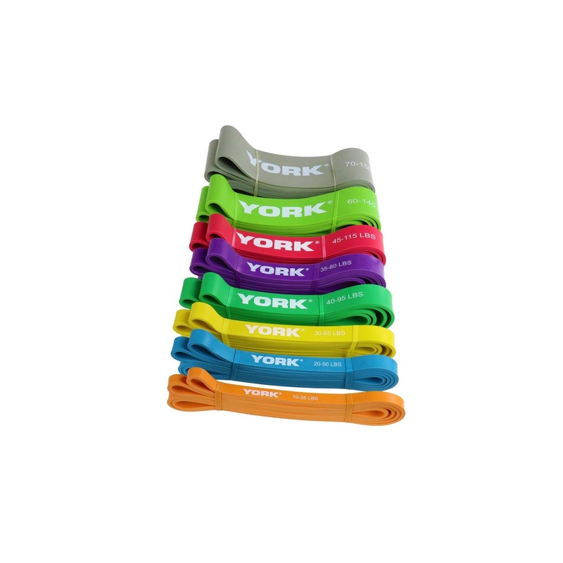 York Resistance Bands|Orange (10-35lbs)|Light Blue (20-50lbs)|Yellow (30-65lbs)|Purple (35-80lbs)|Green (40-95lbs)|Red (45-115lbs)|Light Green (60-140lbs)|Grey (70-150lbs)