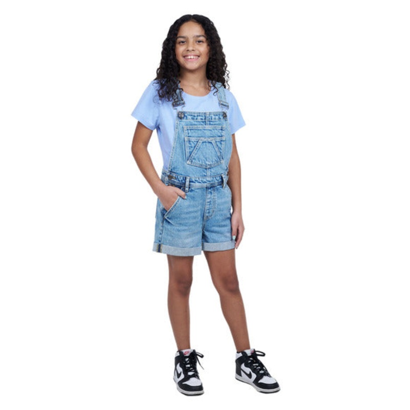 Girl’s Henley Short Overall|MEDIUM BLUE DENIM WASH|S|M|L|XL