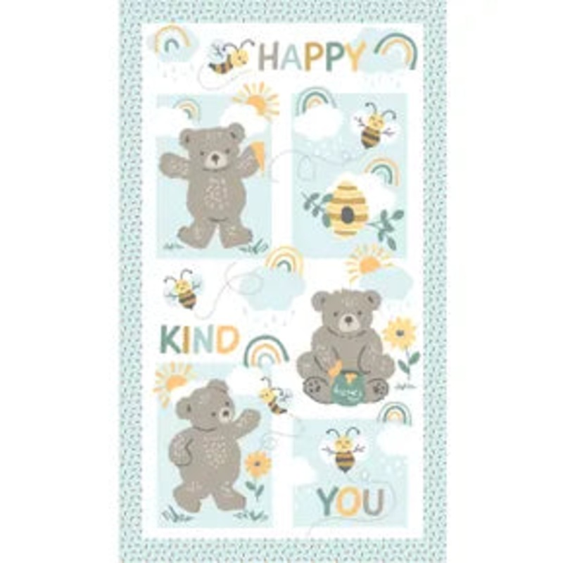 Hello Honey Studio E Fabrics|Panel p-149|green bee sayings 21-66|blue yellow rainbows 22-14|taupe dot 24-39|taupe daisies 27-39|gray daisy chain 28-94|yellow suns 29-44|cream script 30-09|blue taupe hex cheater 31-149