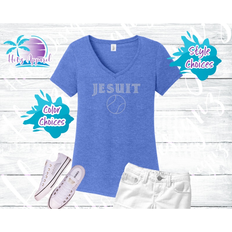 Jesuit Tennis Rhinestone Tops|XS|S|M|L|XL|2XL|3XL|4XL|V-Neck|Tank|3/4 Sleeve Raglan|Royal|White|Royal/Grey|Grey/White
