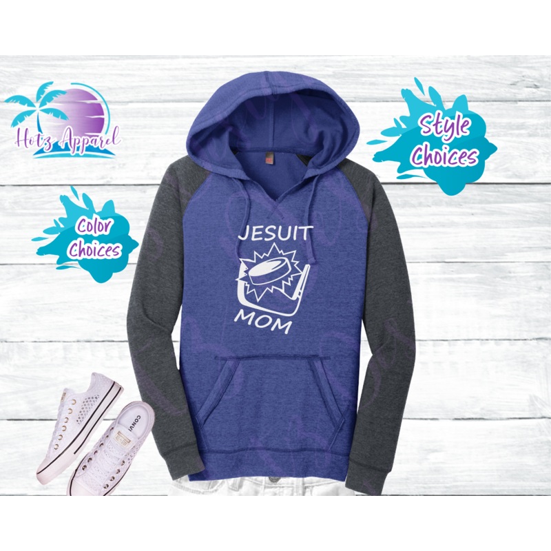 Jesuit Hockey Glitter Hoodies|XS|S|M|L|XL|2XL|3XL|4XL|Fleece Raglan Hoodie|Hoodie L/S Tee|Royal|Grey