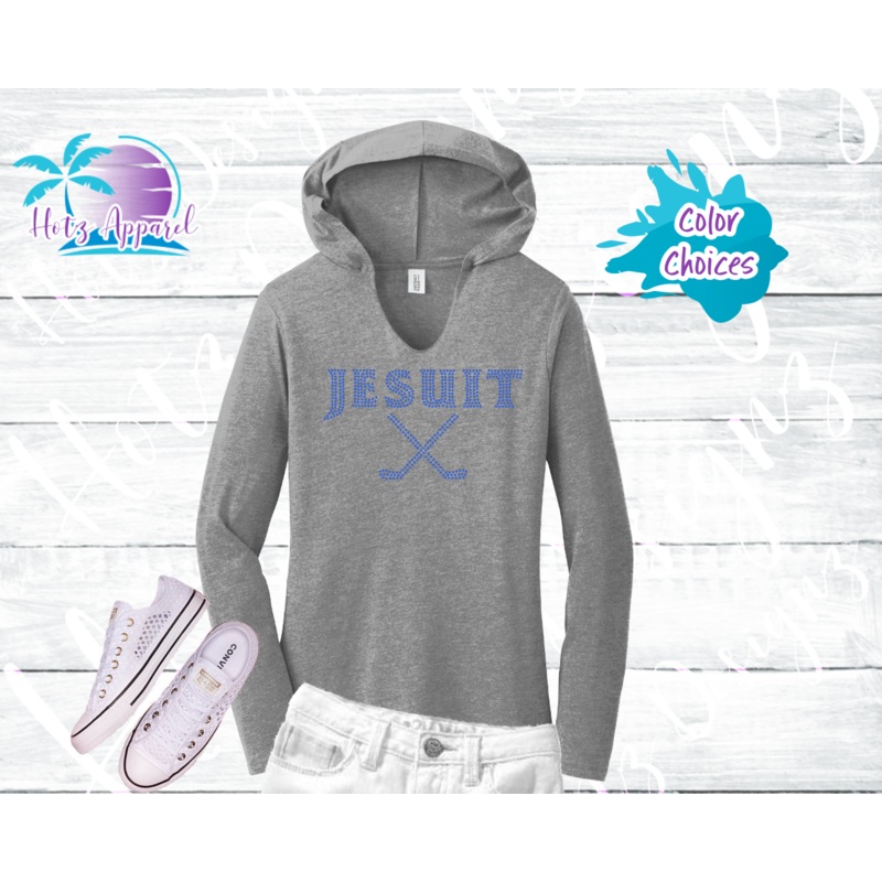 Jesuit Hockey Rhinestone Tops|XS|S|M|L|XL|2XL|3XL|4XL|Hoodie L/S Tee|3/4 Sleeve Raglan|Royal|Grey|Royal/Grey|Grey/White