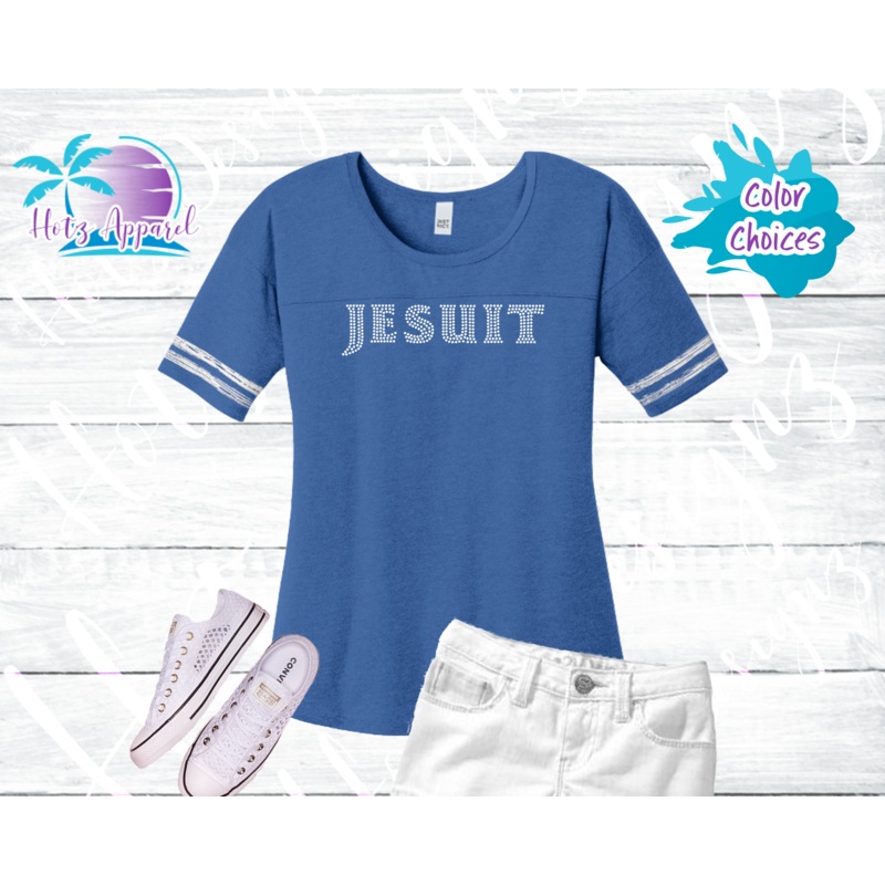 Jesuit Rhinestone Tops|XS|S|M|L|XL|2XL|3XL|4XL|Scorecard Tee|Tank|V-Neck|Hoodie L/S Tee|Royal|Grey|White