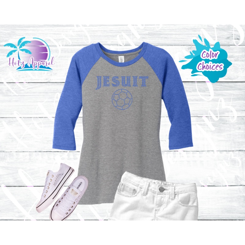 Jesuit Soccer Rhinestone Tops|XS|S|M|L|XL|2XL|3XL|4XL|3/4 Sleeve Raglan|Tank|V-Neck|Royal/Grey|Grey/White|Royal|White