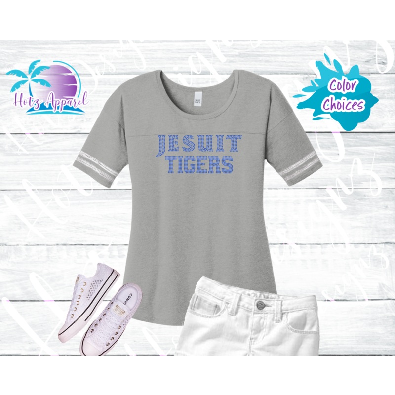 Jesuit Tigers Rhinestone Tops|XS|S|M|L|XL|2XL|3XL|4XL|Scorecard Tee|Tank|V-Neck|Hoodie L/S Tee|Grey|Royal|White