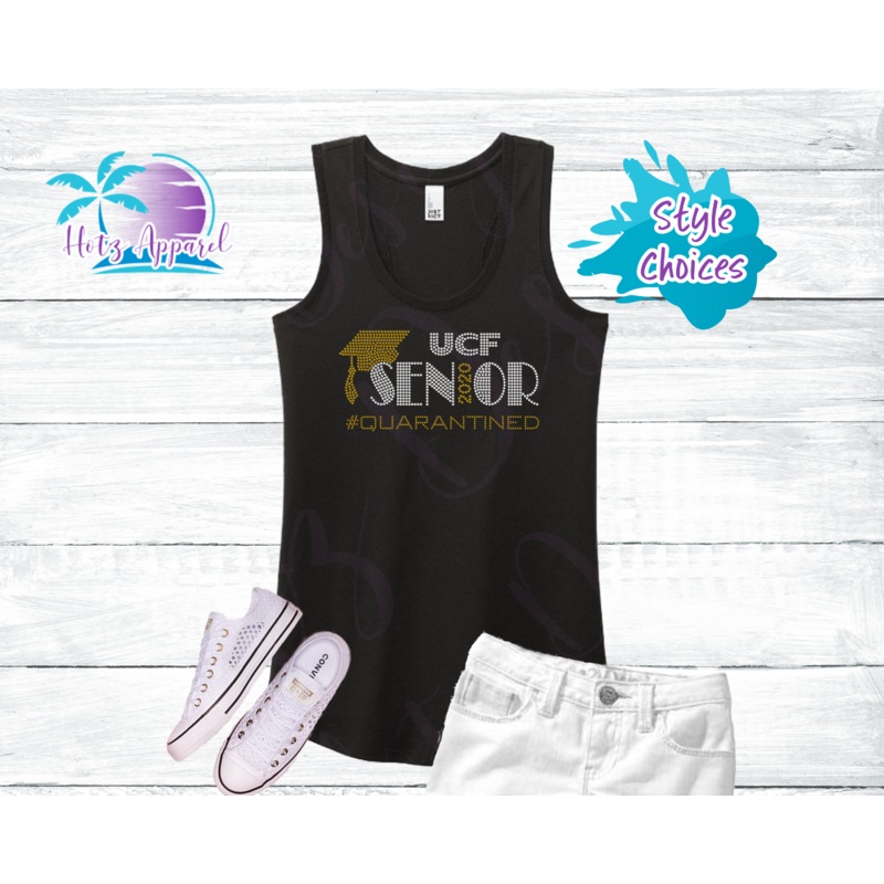 UCF 2020 Grad Women’s Topaz and White Rhinestone Tank Top / Shirt – Black