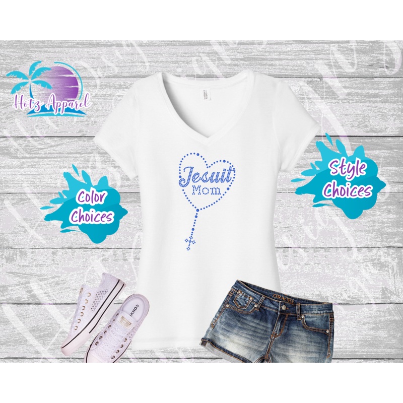 Jesuit Rosary Rhinestone Tops|XS|S|M|L|XL|2XL|3XL|4XL|V-Neck|Tank|White|Royal