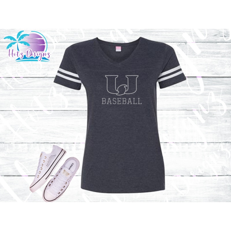 PHU Baseball Logo Rhinestone Striped Sleeve Top