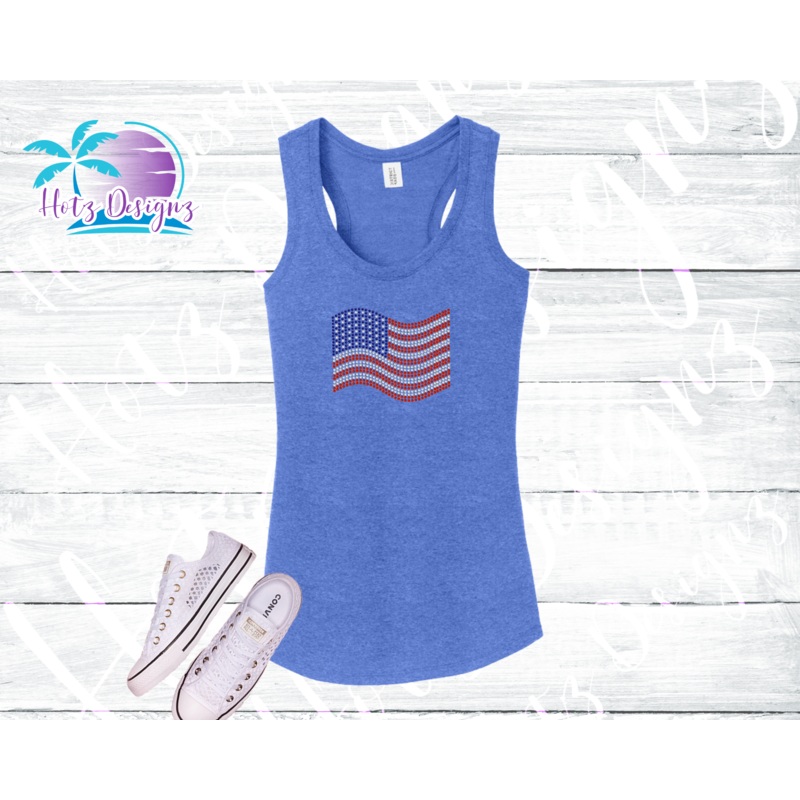 Wavy American Flag Women’s Rhinestone Tank Top / Shirt