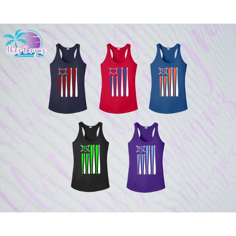 SHLL BSBL Flag Ladies Dri Fit Racerback Tank (Navy, Red, Royal, Black, Purple)
