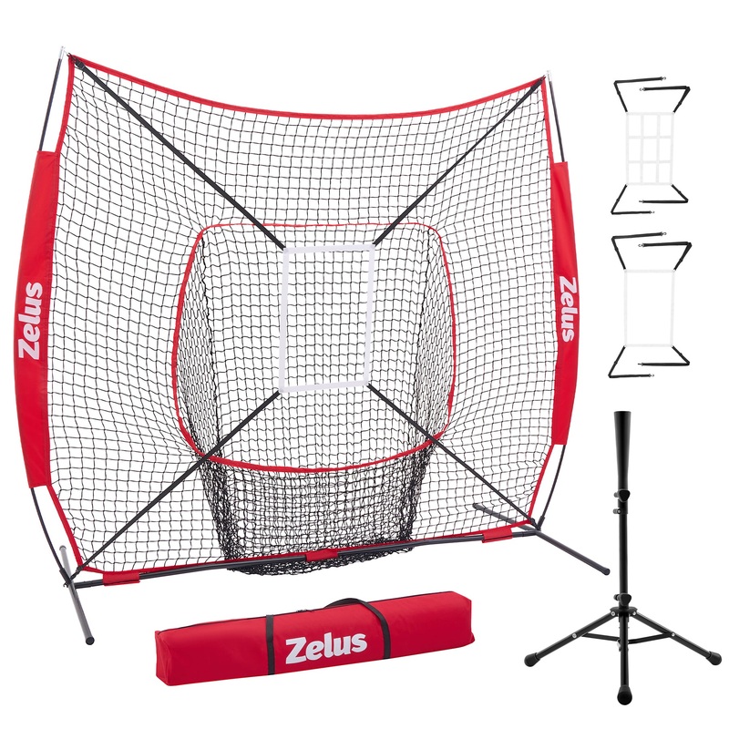 7×7 ft Baseball Net, Hitting and Pitching Net with Adjustable Batting Tee Red