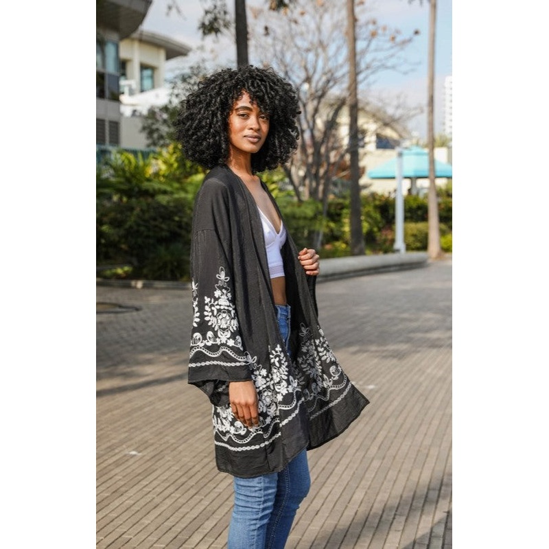 Embroidered Kimono|Black|Sage|Mocha
