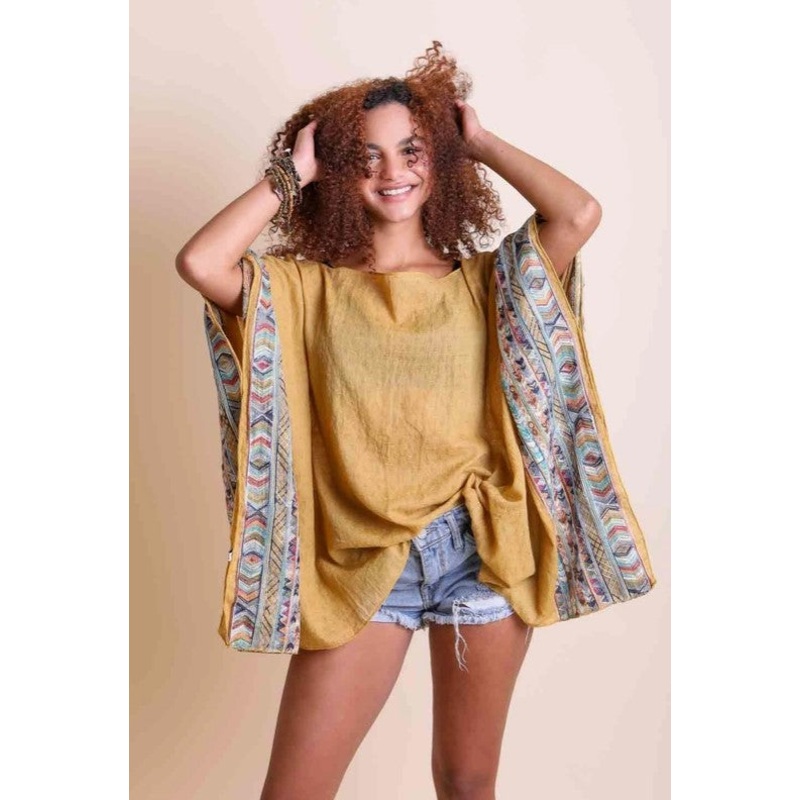 Embroidered Sleeve Kimono|Sage|Rust|Yellow|Gray|Ivory