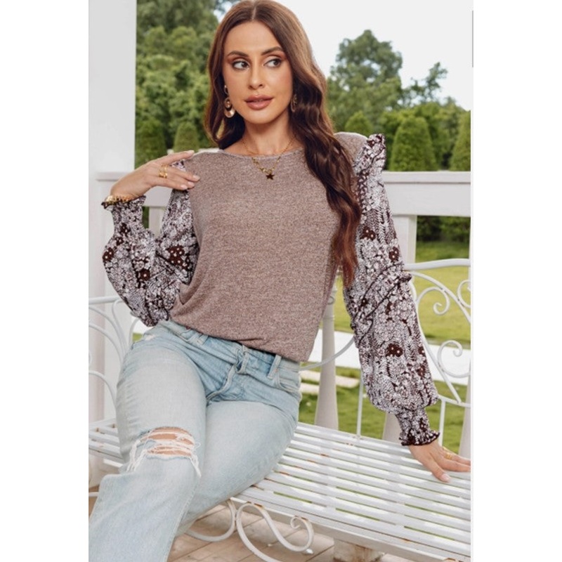 Floral Sleeve Blouse|heathered beige|denim blue|Gray|Blue|Brown|black|olive|rust|S|M|L|XL