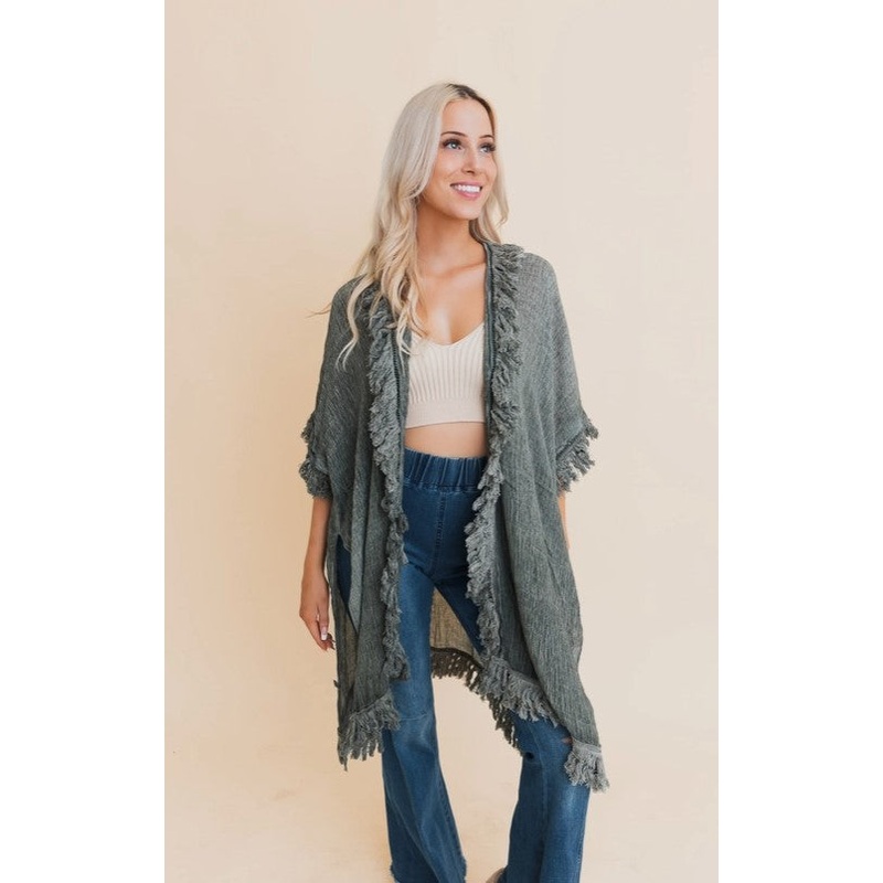 Fringe Kimono|Charcoal|Beige