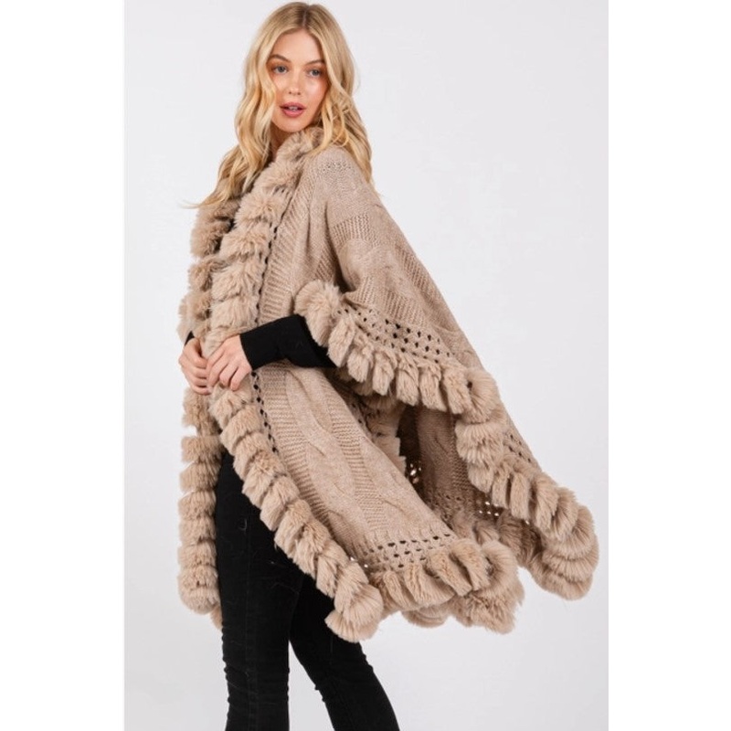 FUR TRIM WRAP|Beige|black|iVORY|BURGUNDY
