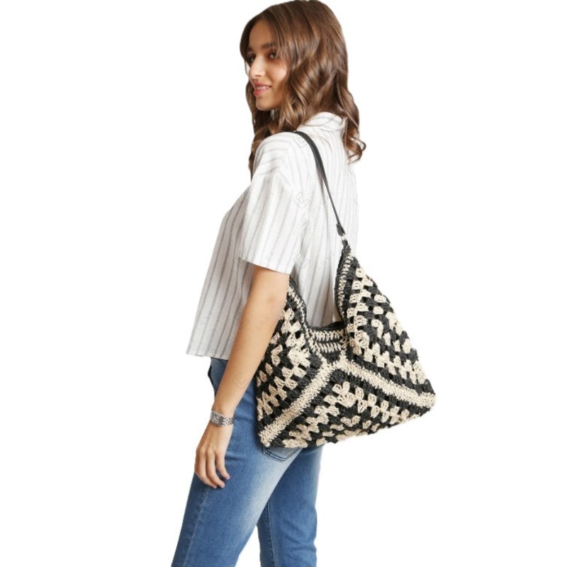 WOVEN SHOULDER BAG|BLACK PATTERN|BEIGE PATTERN|KHAKI|NATURAL
