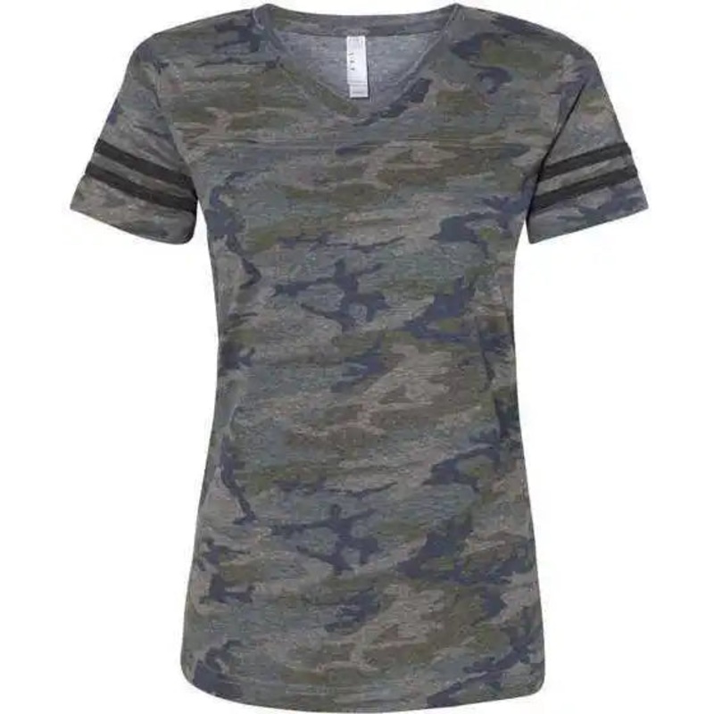 Lat 3537 Women’s Football V-Neck Fine Jersey Tee – Vintage Camo Vintage Smoke