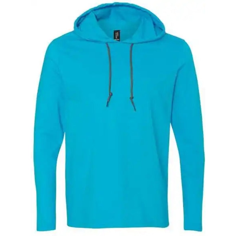 Gildan 987 Softstyle Lightweight Hooded Long Sleeve T-Shirt – Caribbean Blue Dark Grey