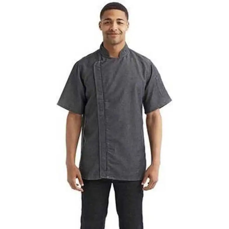 Artisan Collection by Reprime RP906 Unisex Zip-Close Short Sleeve Chef’s Coat – Black Denim