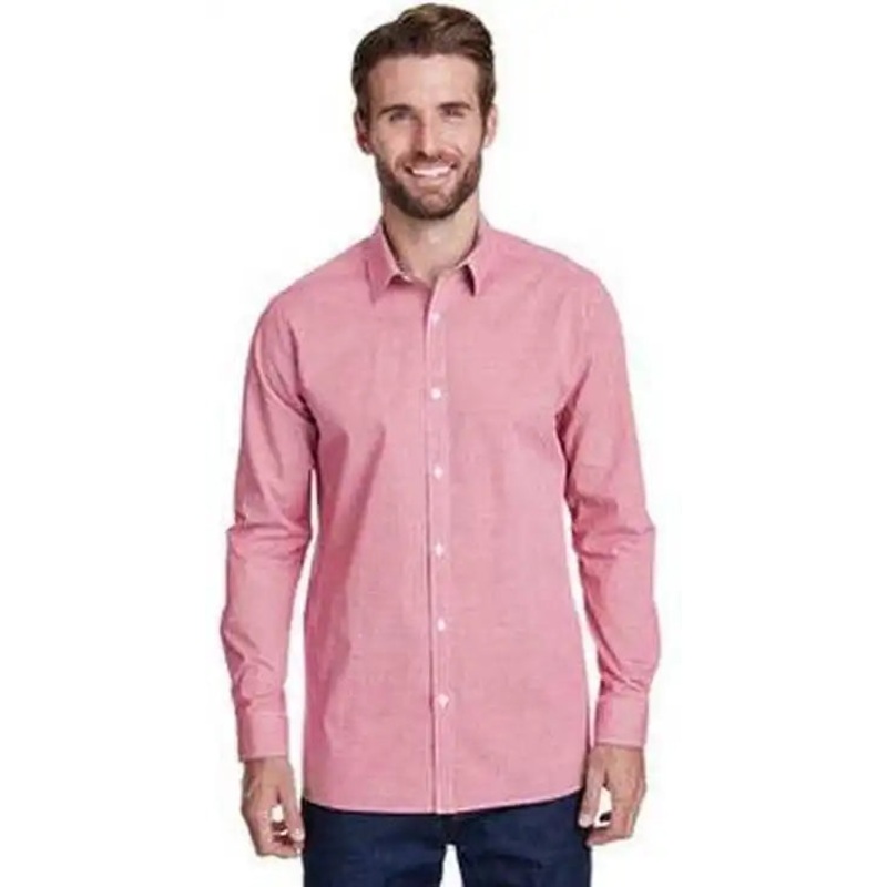 Artisan Collection by Reprime RP220 Men’s Microcheck Gingham Long-Sleeve Cotton Shirt – Red White