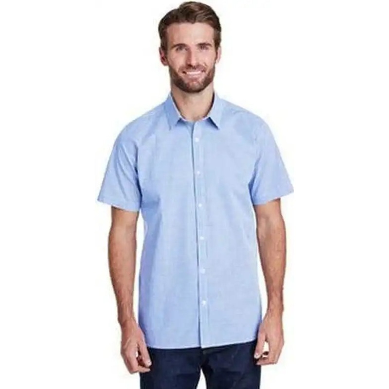 Artisan Collection by Reprime RP221 Mens Microcheck Gingham Short-Sleeve Cotton Shirt – Light Blue White