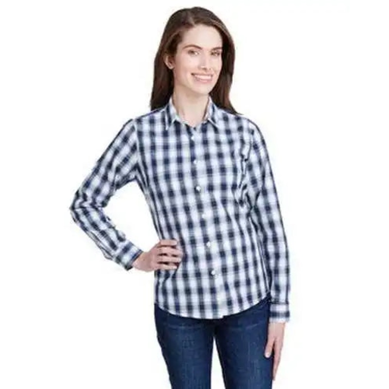 Artisan Collection by Reprime RP350 Ladies’ Mulligan Check Long-Sleeve Cotton Shirt – White Navy