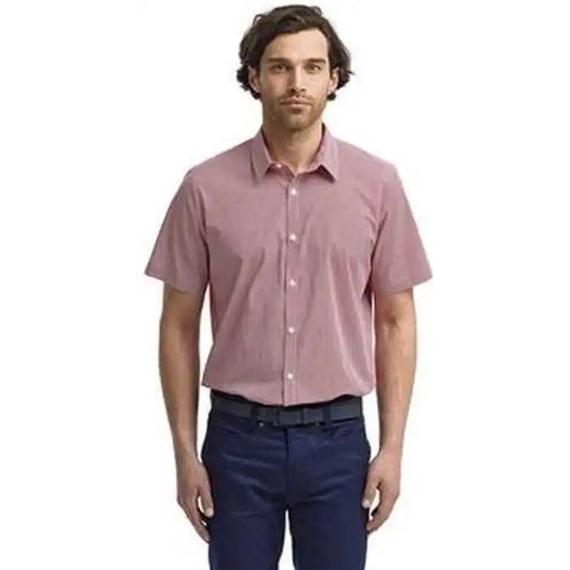 Artisan Collection by Reprime RP221 Mens Microcheck Gingham Short-Sleeve Cotton Shirt – Red White