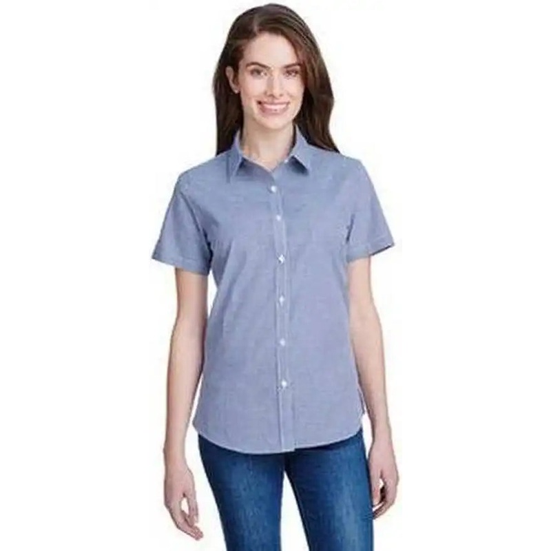 Artisan Collection by Reprime RP321 Ladies’ Microcheck Gingham Short-Sleeve Cotton Shirt – Navy White