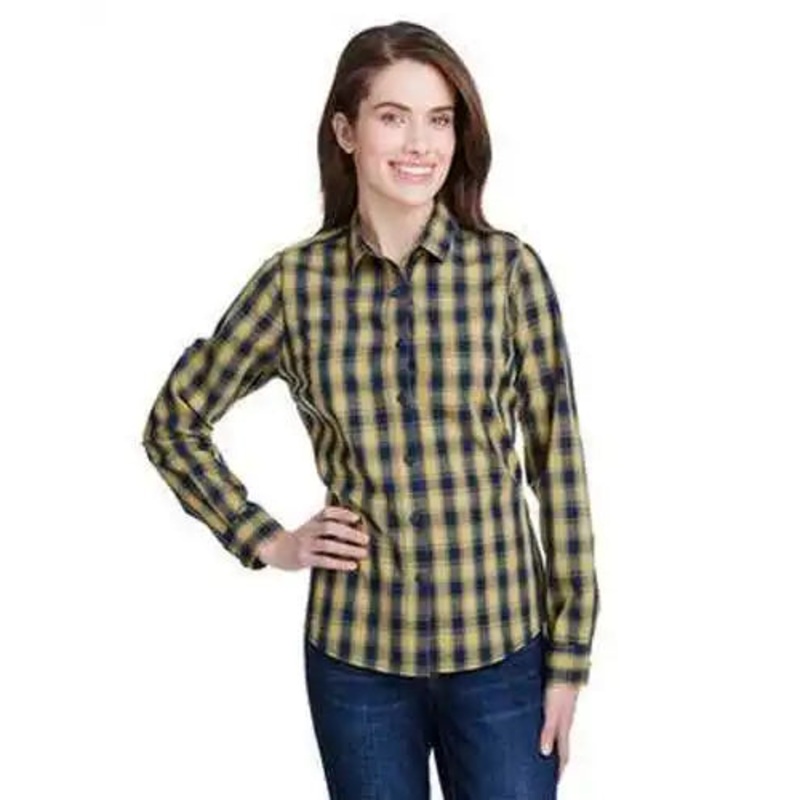 Artisan Collection by Reprime RP350 Ladies’ Mulligan Check Long-Sleeve Cotton Shirt – Camel Navy