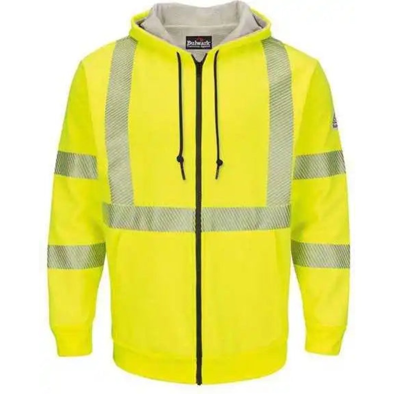 Bulwark SMZ4HVL Hi-Visibility Zip-Front Hooded Fleece Sweatshirt with Waffle Lining – Long Sizes – Yellow Green