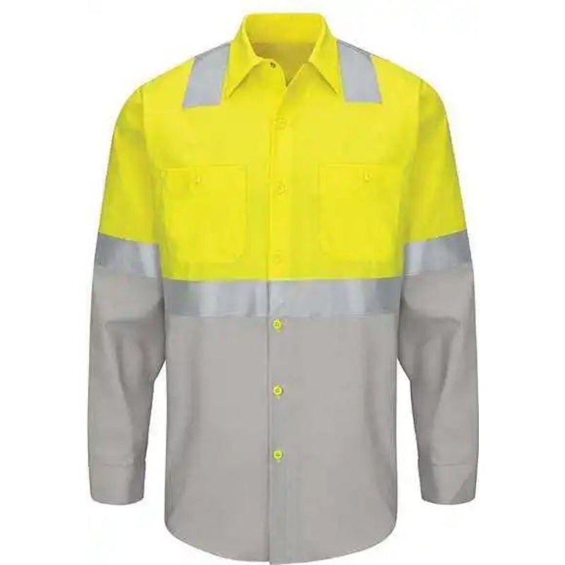 Red Kap SY14 Enhanced & Hi-Visibility Long Sleeve Work Shirt – Fluorescent Yellow Green Gray