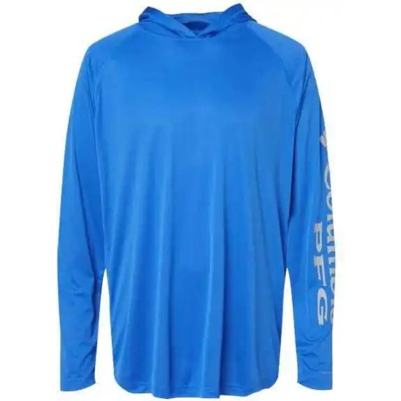 Columbia 212482 PFG Terminal Tackle Hooded Long Sleeve T-Shirt – Vivid Blue Cool Gray