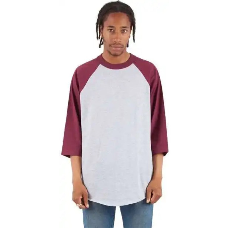 Shaka Wear SHRAG Unisex Three-Quarter Sleeve Raglan T-Shirt – Heather Gray/ Burgundy