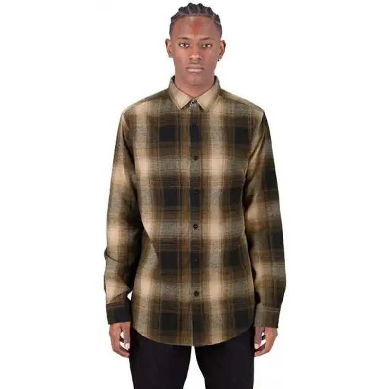 Shaka Wear SHHFS Men’s Plaid Flannel Overshirt – Brown/ Black