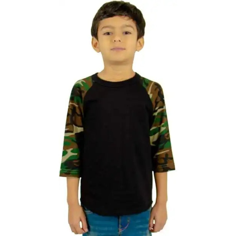 Shaka Wear SHRAGCY Youth Three-Quarter Sleeve Camo Raglan T-Shirt – Black/ Camo Green