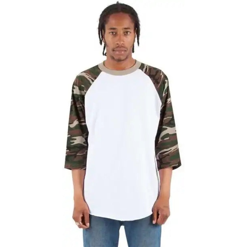 Shaka Wear SHRAGCM Unisex Three-Quarter Sleeve Camo Raglan T-Shirt – White/ Camo Green