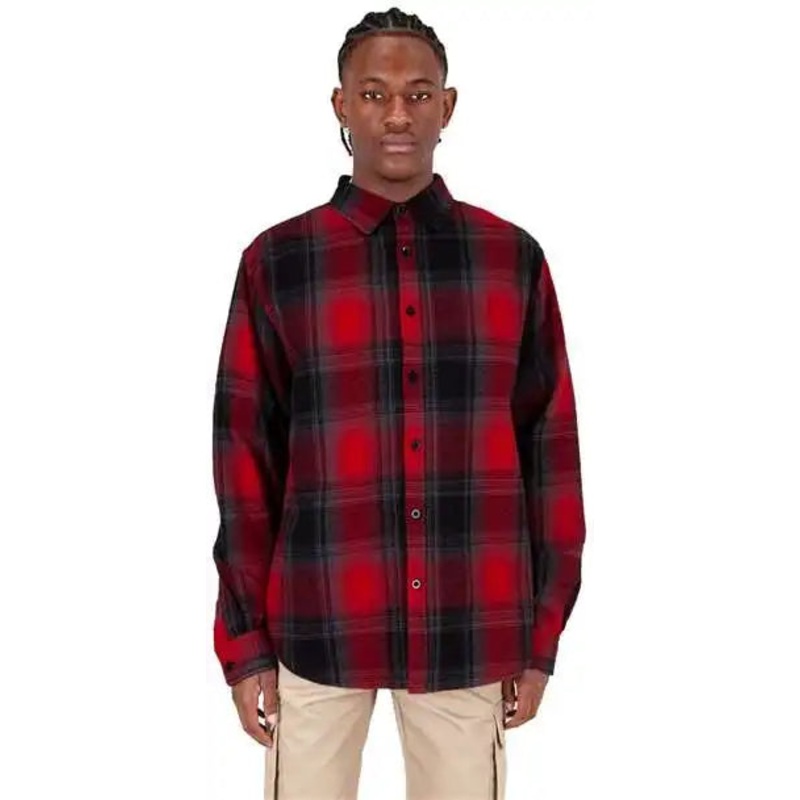 Shaka Wear SHHFS Men’s Plaid Flannel Overshirt – Red/ Black