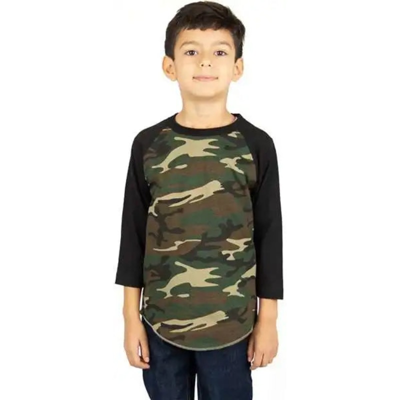 Shaka Wear SHRAGCY Youth Three-Quarter Sleeve Camo Raglan T-Shirt – Camo Green/ Black