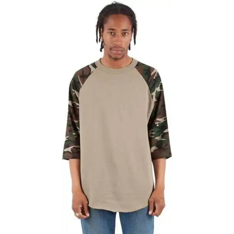 Shaka Wear SHRAGCM Unisex Three-Quarter Sleeve Camo Raglan T-Shirt – Olive/ Camo Green