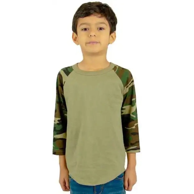 Shaka Wear SHRAGCY Youth Three-Quarter Sleeve Camo Raglan T-Shirt – Olive/ Camo Green