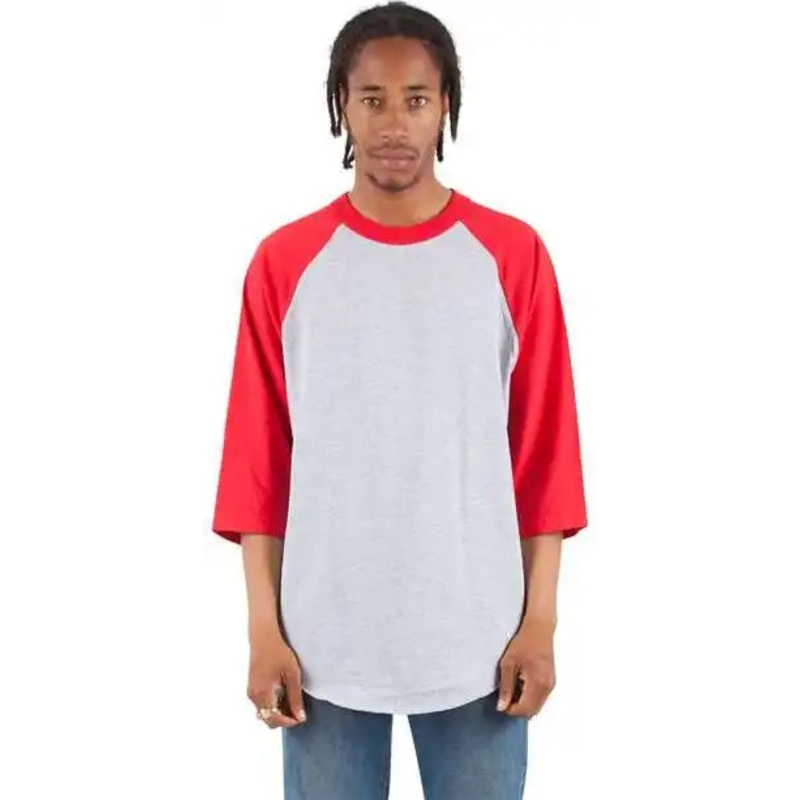 Shaka Wear SHRAG Unisex Three-Quarter Sleeve Raglan T-Shirt – Heather Gray/ Red