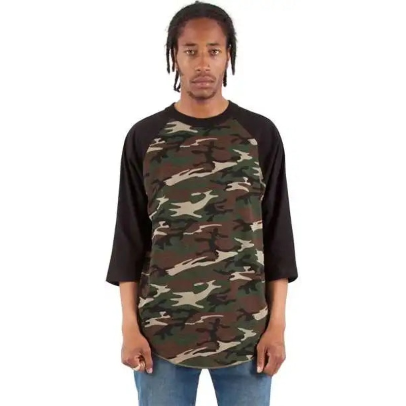 Shaka Wear SHRAGCM Unisex Three-Quarter Sleeve Camo Raglan T-Shirt – Camo Green/ Black