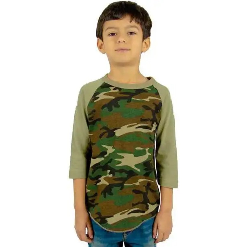 Shaka Wear SHRAGCY Youth Three-Quarter Sleeve Camo Raglan T-Shirt – Camo Green/ Olive