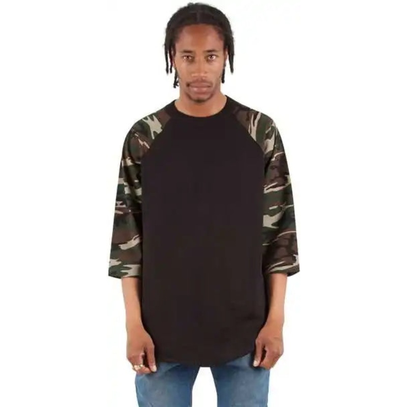 Shaka Wear SHRAGCM Unisex Three-Quarter Sleeve Camo Raglan T-Shirt – Black/ Camo Green