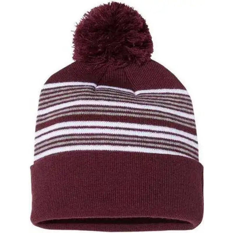 Sportsman SP60 12 Striped Pom-Pom Knit Beanie – Maroon White Grey