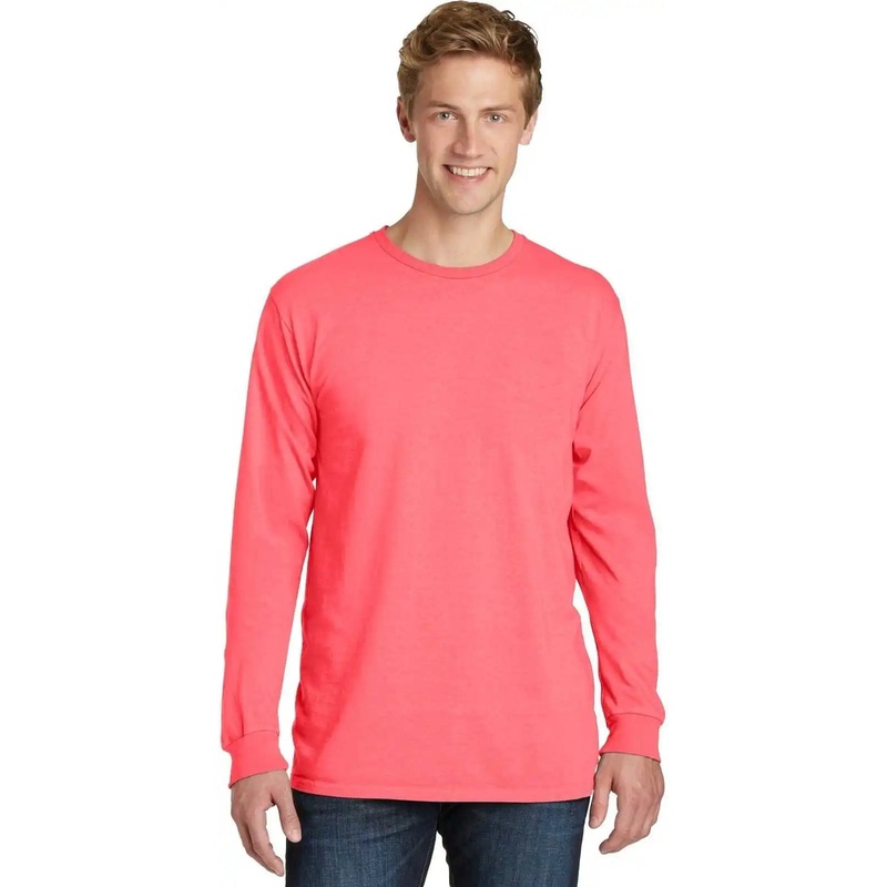 Port & Company PC099LS Beach Wash Garment-Dyed Long Sleeve Tee – Neon Coral