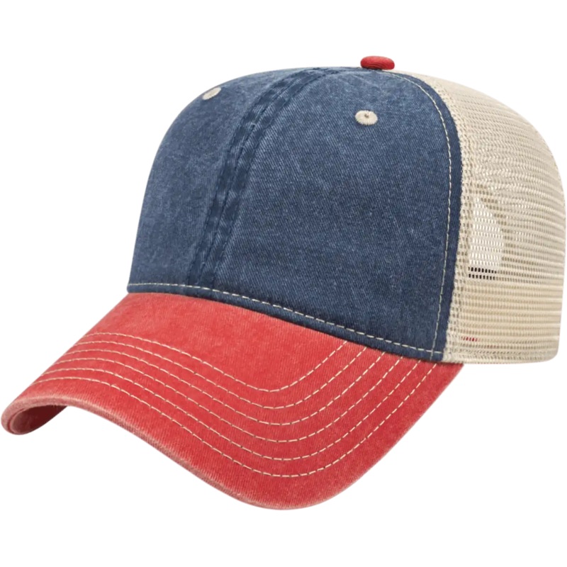 Cap America I3027 Washed Pigment Dyed with Washed Mesh Cap – Navy Red Stone