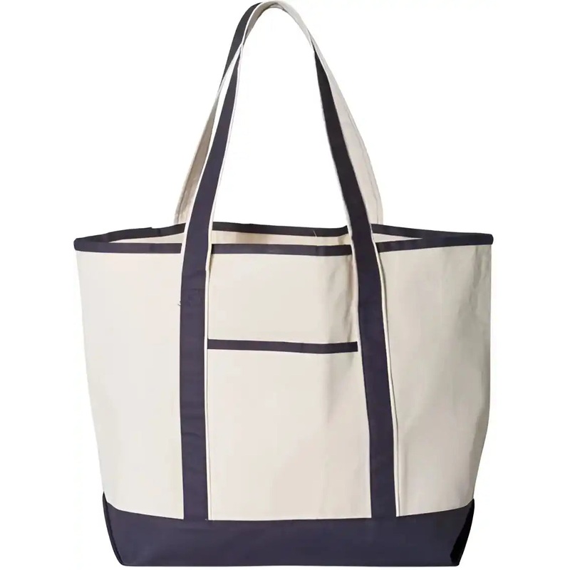 Q-Tees Q1500 34.6L Large Canvas Deluxe Tote – Natural Navy