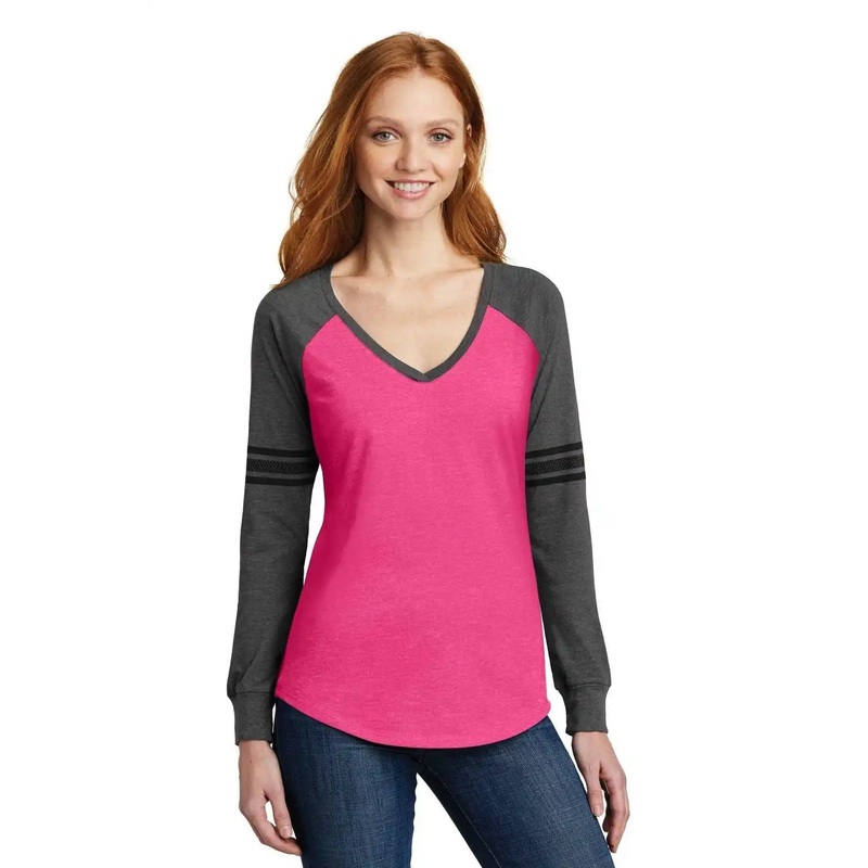 District DM477 Women’s Game Long Sleeve V-Neck Tee – Heathered Dark Fuchsia Heathered Charcoal Black